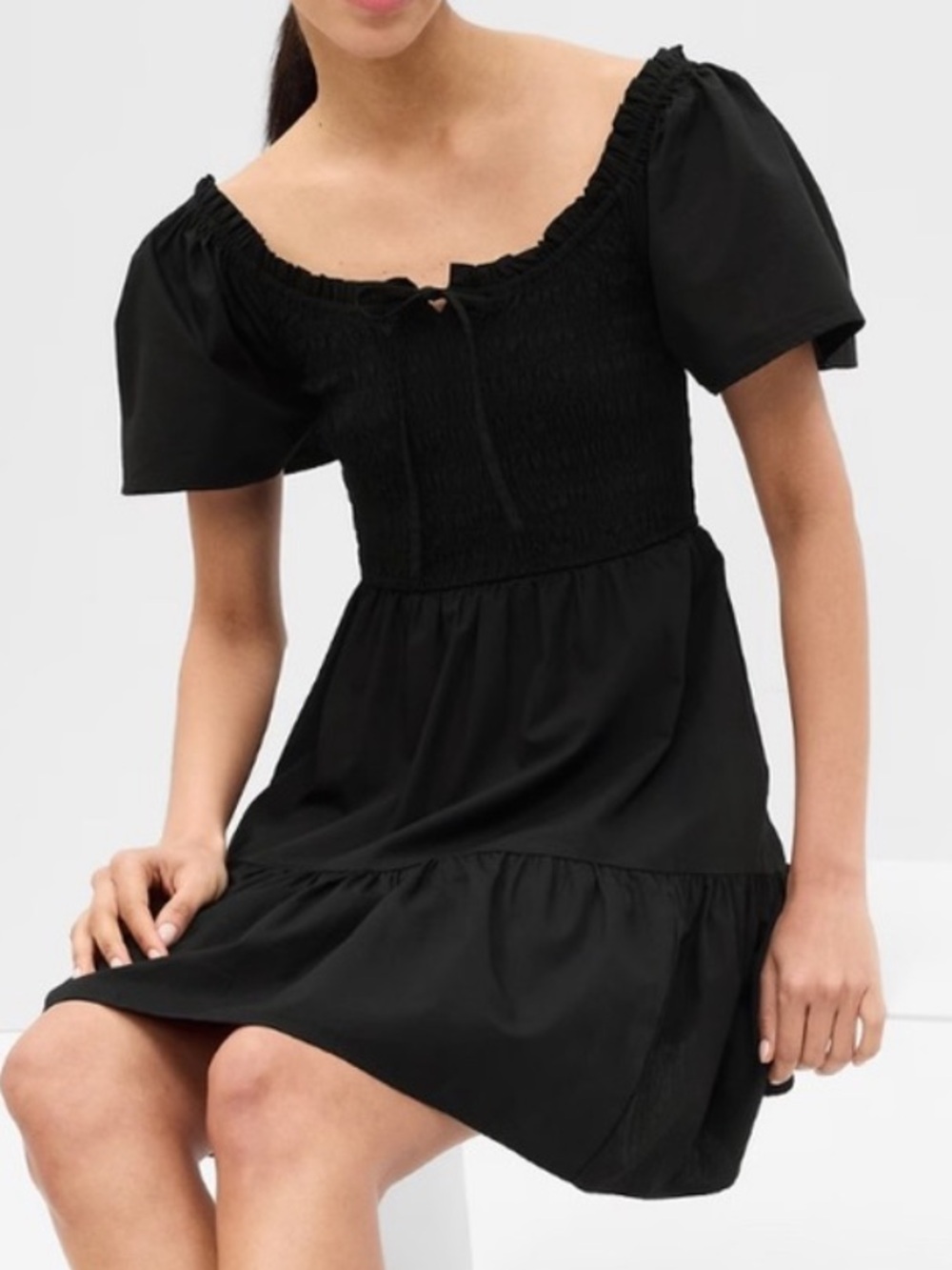GAP Black Smocked Tie-Front Mini Dress